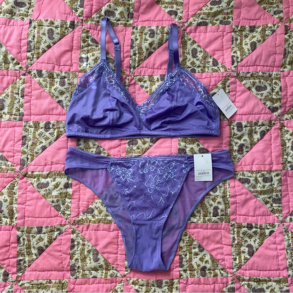 Auden Purple Satin Lace Trimmed Sheer Matching Bralette & Panties Set Large
